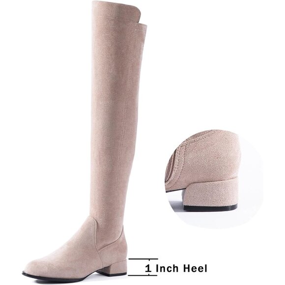 Women Neutral/1in Suede Over the Knee Thigh High Chunky Block Heel Winter Boots - Picture 3 of 6